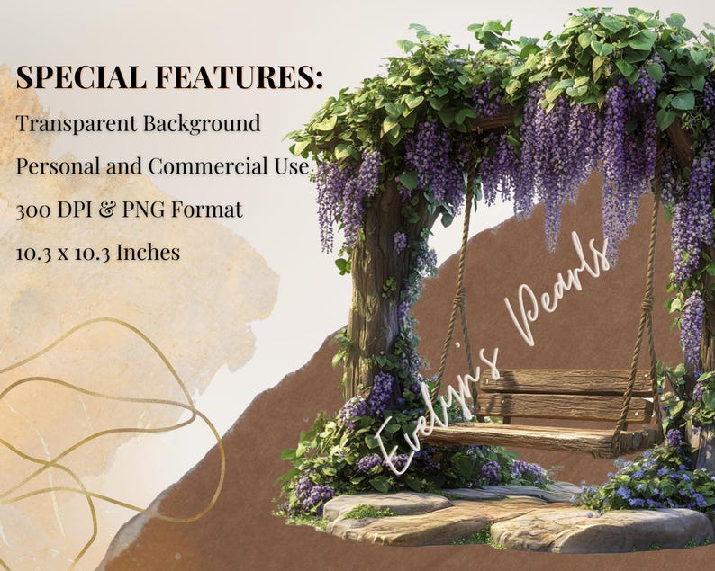 May include: A digital background featuring a wooden swing hanging from a purple wisteria flower archway. The swing is made of wood and has a brown seat. The background is a light brown color with a white watercolor effect. The text "Evelyn's Pearls" is written in white on the background. The image is 10.3 inches by 10.3 inches and has a 300 DPI resolution.