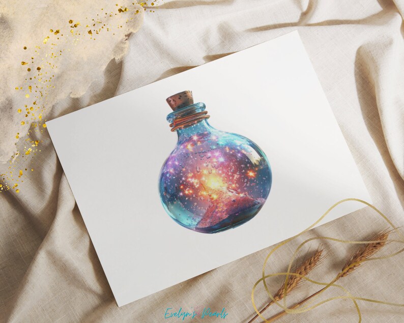 Puede incluir: Una botella de vidrio con un tap&oacute;n de corcho llena de una galaxia de estrellas giratorias y una nebulosa naranja brillante. La botella es transparente y tiene una superficie texturizada.