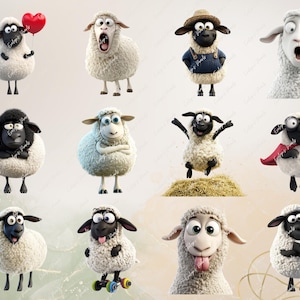 May include: A collection of 10 cartoon sheep illustrations. The sheep are in various poses, including holding a heart, wearing overalls, and flying. Some sheep are black and white, while others are white with black accents.