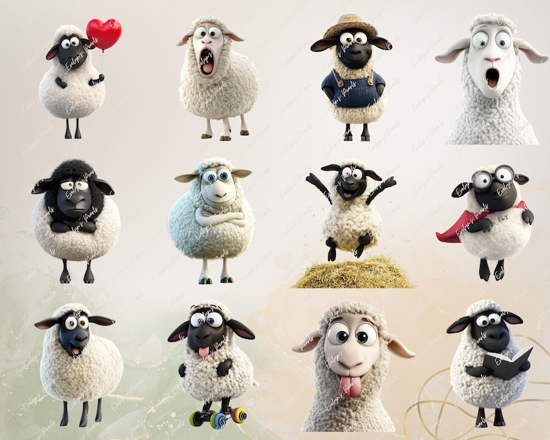 May include: A collection of 10 cartoon sheep illustrations. The sheep are in various poses, including holding a heart, wearing overalls, and flying. Some sheep are black and white, while others are white with black accents.