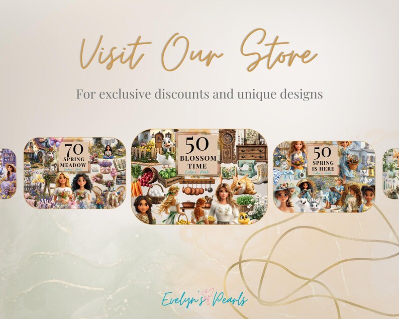 May include: Three digital collage images featuring spring-themed designs. The first image features a collage of flowers, a birdhouse, and a girl with a basket of flowers. The text "70 Spring Meadow" is in the center of the image. The second image features a collage of flowers, a birdhouse, and a girl with a basket of flowers. The text "50 Blossom Time" is in the center of the image. The third image features a collage of flowers, a birdhouse, and a girl with a basket of flowers. The text "50 Spring is Here" is in the center of the image. The text "Evelyn's Pearls" is at the bottom of the image.