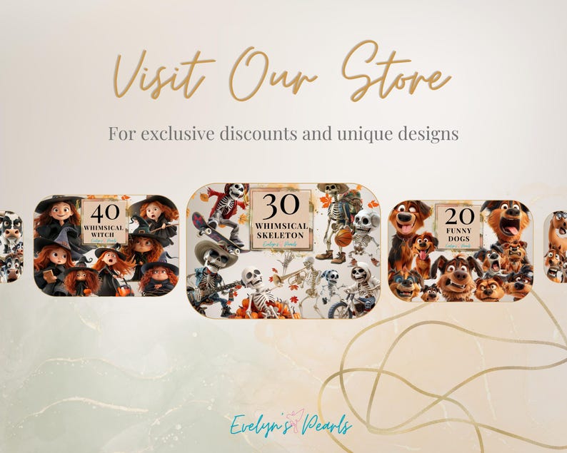 May include: Three digital nail art designs featuring 40 whimsical witch nail art designs, 30 whimsical skeleton nail art designs, and 20 funny dog nail art designs.  Visit Our Store for exclusive discounts and unique designs. Evelyn's Pearls.