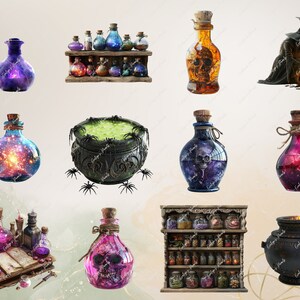 Puede incluir: Una colecci&oacute;n de botellas de vidrio llenas de l&iacute;quidos coloridos, algunas con calaveras y estrellas en su interior. Tambi&eacute;n hay dos calderos, uno con l&iacute;quido verde y ara&ntilde;as, y el otro con llamas. La imagen tiene un tema m&aacute;gico y de brujer&iacute;a.