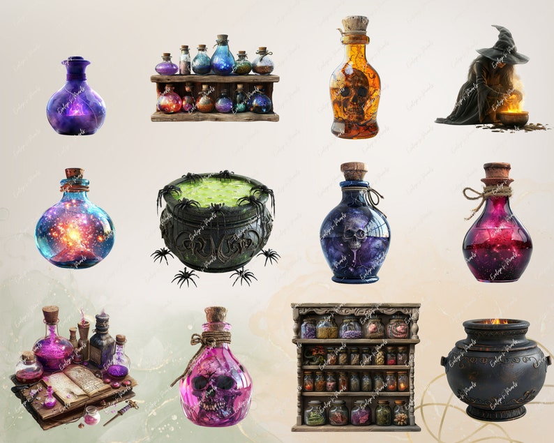 Puede incluir: Una colecci&oacute;n de botellas de vidrio llenas de l&iacute;quidos coloridos, algunas con calaveras y estrellas en su interior. Tambi&eacute;n hay dos calderos, uno con l&iacute;quido verde y ara&ntilde;as, y el otro con llamas. La imagen tiene un tema m&aacute;gico y de brujer&iacute;a.