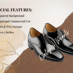May include: Two black leather dress shoes with laces. The shoes are on a brown background. The text "Evelyn's Pearls" is visible in the image.