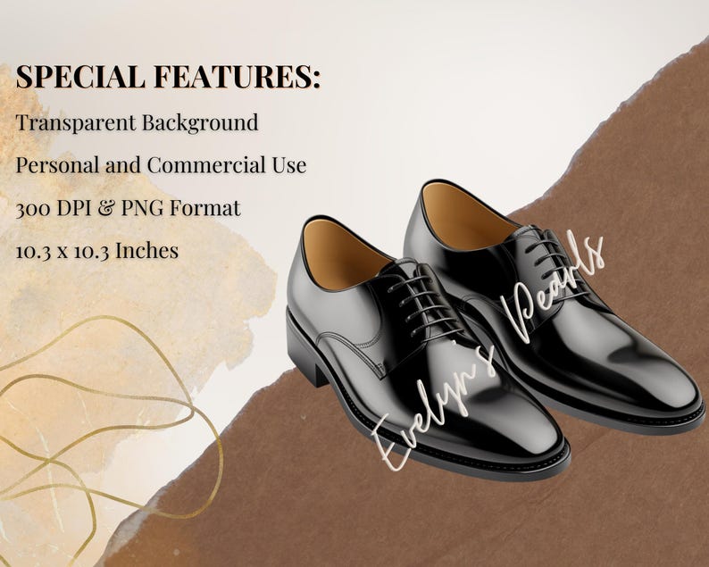 May include: Two black leather dress shoes with laces. The shoes are on a brown background. The text "Evelyn's Pearls" is visible in the image.