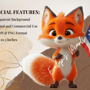 A smiling fox proudly holding a waving American flag, rendered in soft fur detail with bright cartoon features on a clean white background.