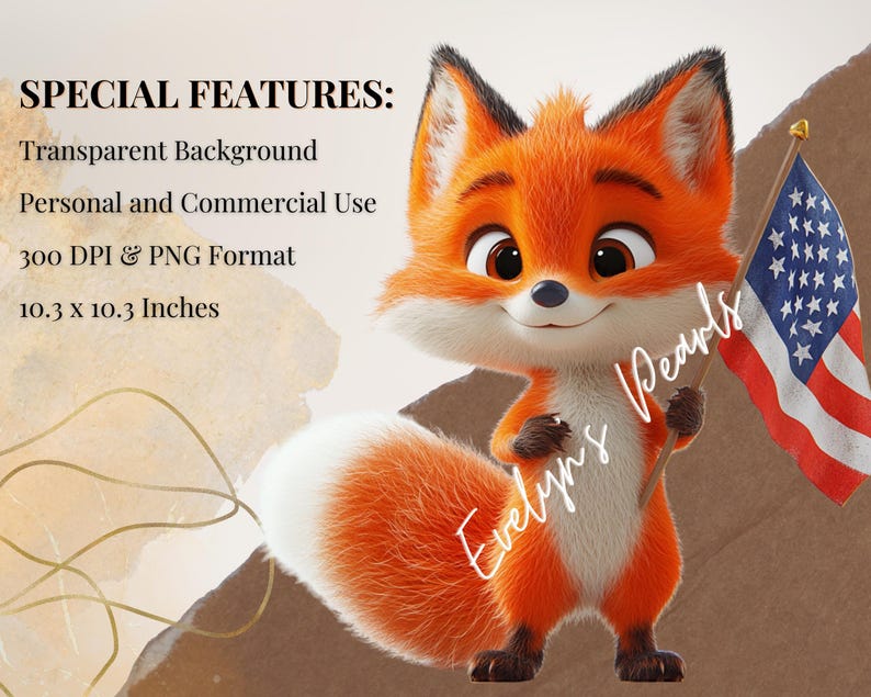 A smiling fox proudly holding a waving American flag, rendered in soft fur detail with bright cartoon features on a clean white background.