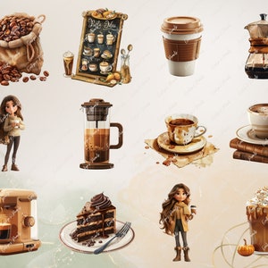 May include: A collection of coffee-themed illustrations, including a bag of coffee beans, a coffee maker, a cup of coffee, a coffee cake, and a cartoon woman holding a cup of coffee.