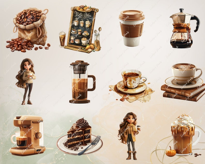 May include: A collection of coffee-themed illustrations, including a bag of coffee beans, a coffee maker, a cup of coffee, a coffee cake, and a cartoon woman holding a cup of coffee.
