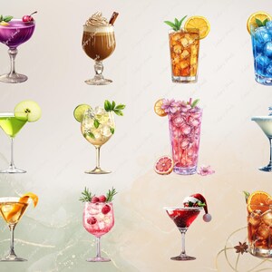 May include: A collection of ten different cocktails, including a purple martini, a coffee drink, a green margarita, a pink cocktail with flowers, a blue cocktail with ice, a white cocktail with a snowflake, a red cocktail with a Santa hat, a brown cocktail with an orange slice, a green cocktail with a lime wedge, and a clear cocktail with an apple slice.