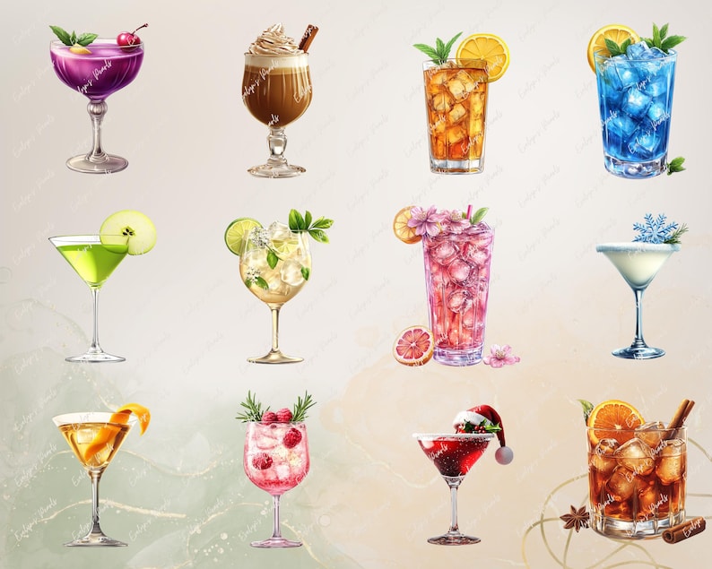 May include: A collection of ten different cocktails, including a purple martini, a coffee drink, a green margarita, a pink cocktail with flowers, a blue cocktail with ice, a white cocktail with a snowflake, a red cocktail with a Santa hat, a brown cocktail with an orange slice, a green cocktail with a lime wedge, and a clear cocktail with an apple slice.