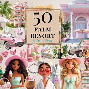 パームリゾートのクリップアート、夏のビーチの風景、ピンクのバケーションファッションガール、スパデイアクセサリー、旅行ガールのクリップアートPNG | 商用利用クリップアート