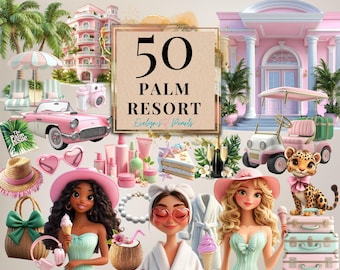 Palm Resort Clipart, Summer Beach Scene, Pink Vacation Fashion Girls, Spa Day Accessories, Clipart Travel Girl PNG | Commercial Use Clipart