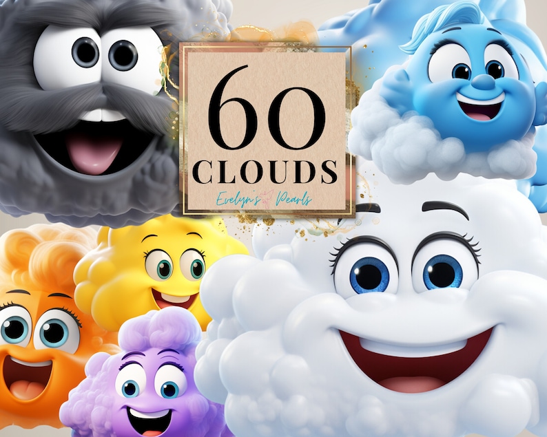 May include: A set of 60 cartoon clouds with different expressions and colors. The clouds are in various shapes and sizes, with some having eyes, mouths, and even mustaches. The text "60 CLOUDS" is written on a brown background with gold accents.