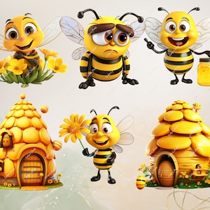 May include: A set of cartoon bee illustrations, including a bee with a jar of honey, a bee holding a flower, a bee with a sad expression, a bee with a happy expression, and two beehive houses.