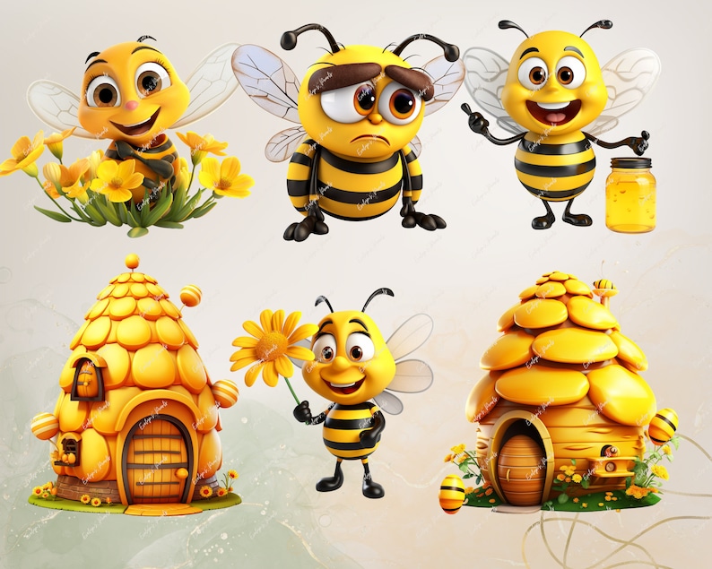 May include: A set of cartoon bee illustrations, including a bee with a jar of honey, a bee holding a flower, a bee with a sad expression, a bee with a happy expression, and two beehive houses.