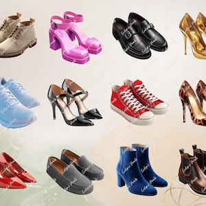 May include: A collection of shoes and sneakers in various styles and colors, including sneakers, sandals, heels, loafers, and boots.
