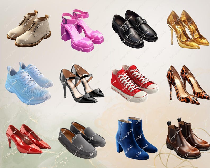 May include: A collection of shoes and sneakers in various styles and colors, including sneakers, sandals, heels, loafers, and boots.