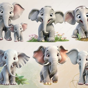 May include: A collection of cartoon-style gray elephants with large ears and expressive eyes. Some elephants are standing, others are sitting, and some have a baby elephant with them. The background is a soft, neutral color.
