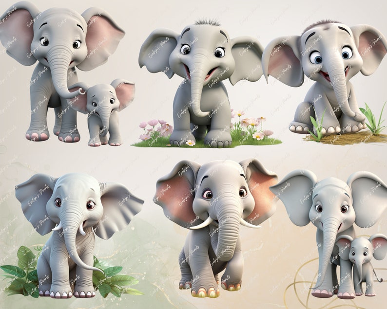 May include: A collection of cartoon-style gray elephants with large ears and expressive eyes. Some elephants are standing, others are sitting, and some have a baby elephant with them. The background is a soft, neutral color.