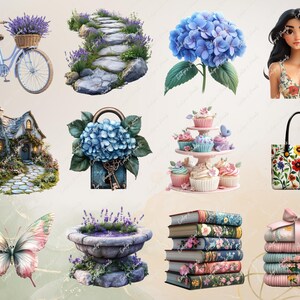 A variety of spring decor featuring a lavender-filled bicycle basket, a small cottage covered in blooming flowers, books adorned with floral designs, and a teapot with intricate flower motifs.