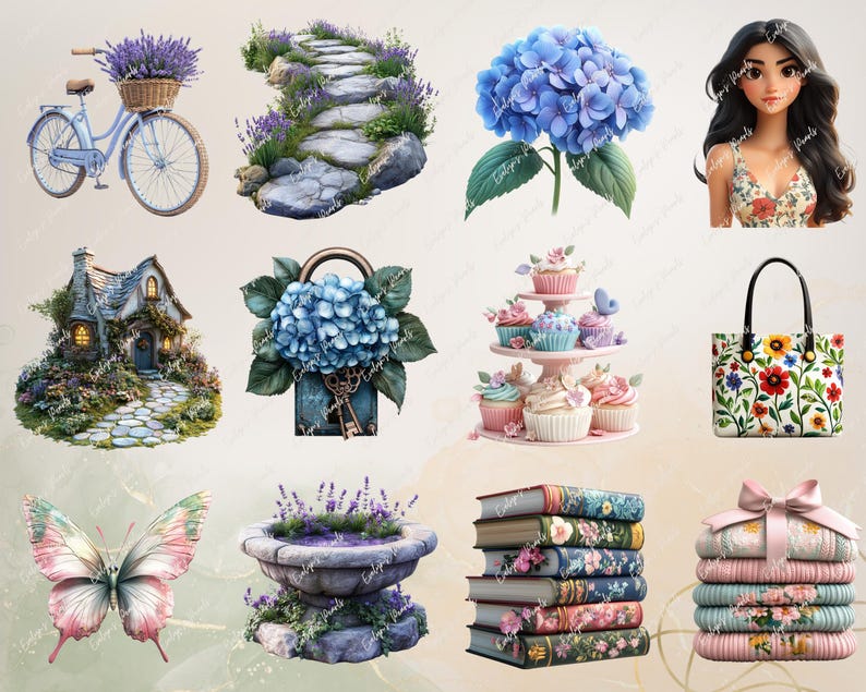 A variety of spring decor featuring a lavender-filled bicycle basket, a small cottage covered in blooming flowers, books adorned with floral designs, and a teapot with intricate flower motifs.