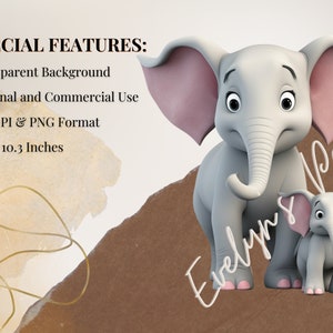 May include: A digital illustration featuring two gray elephants with pink ears and feet. The larger elephant stands behind a smaller one. The image includes the text "Evelyn's Pearl" and "10.3 x 10.3 Inches". The background has abstract shapes.