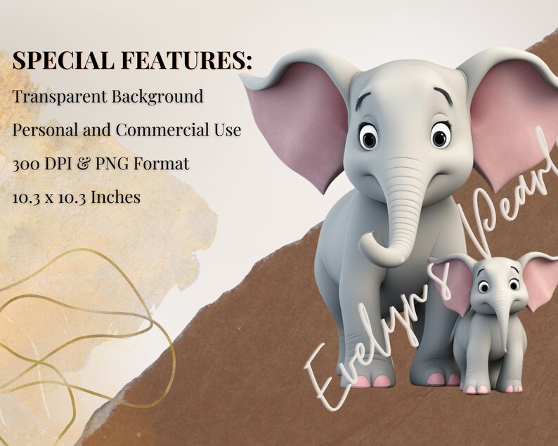 May include: A digital illustration featuring two gray elephants with pink ears and feet. The larger elephant stands behind a smaller one. The image includes the text "Evelyn's Pearl" and "10.3 x 10.3 Inches". The background has abstract shapes.