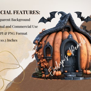 May include: A whimsical pumpkin house with a black roof and a black door. The house is decorated with bats and autumn leaves. The house is 10.3 inches by 10.3 inches.