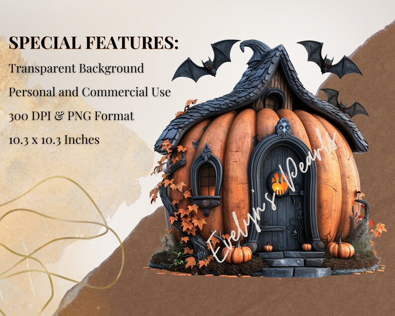 May include: A whimsical pumpkin house with a black roof and a black door. The house is decorated with bats and autumn leaves. The house is 10.3 inches by 10.3 inches.