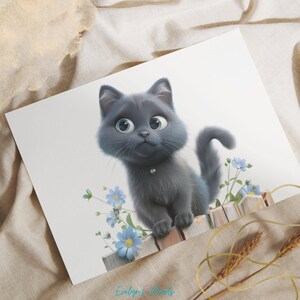 May include: A cartoon gray cat with big blue eyes sits on a stack of books with blue flowers behind it.