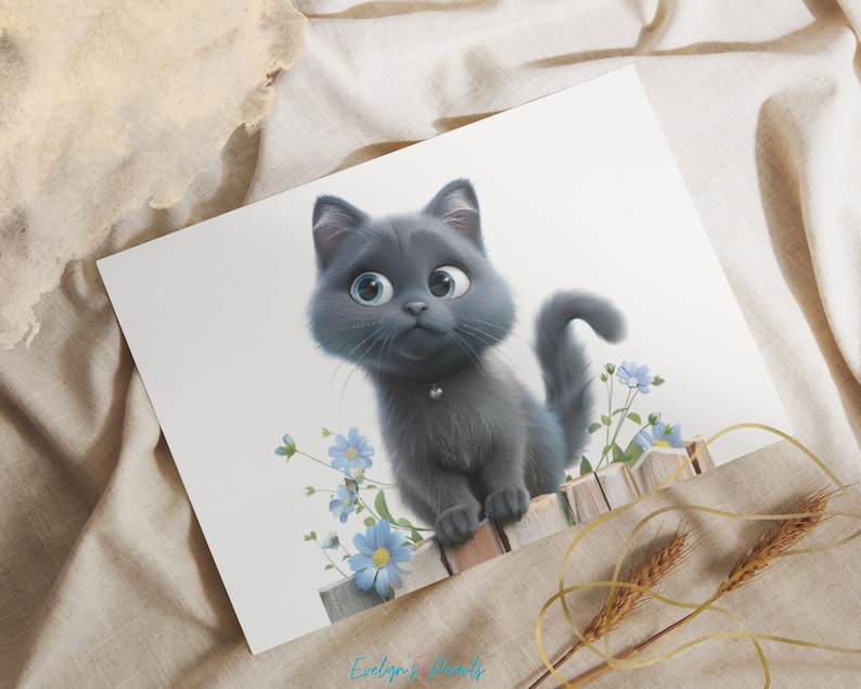 May include: A cartoon gray cat with big blue eyes sits on a stack of books with blue flowers behind it.