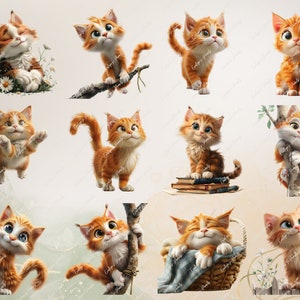 May include: Twelve digital illustrations of cute orange tabby kittens in various poses. The kittens are depicted in a variety of settings, including a flower patch, a tree branch, a pile of books, and a wicker basket.