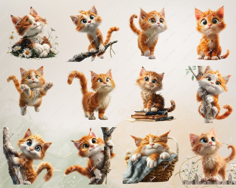 May include: Twelve digital illustrations of cute orange tabby kittens in various poses. The kittens are depicted in a variety of settings, including a flower patch, a tree branch, a pile of books, and a wicker basket.