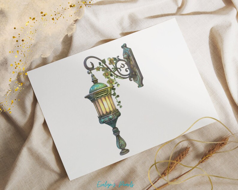 May include: A watercolor illustration of a vintage street lamp with a green and gold finish, adorned with climbing vines and flowers. The lamp is mounted on a decorative bracket. The artwork is on a white paper with the text "Evelyn's Woods".