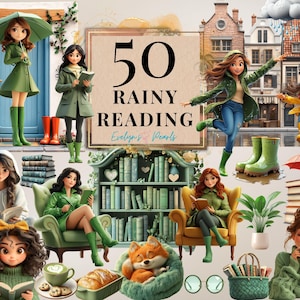 Puede incluir: Una ilustración digital de 50 escenas de lectura bajo la lluvia con personas leyendo libros en diferentes entornos. La ilustración incluye una estantería, un zorro, una taza de café y un libro.