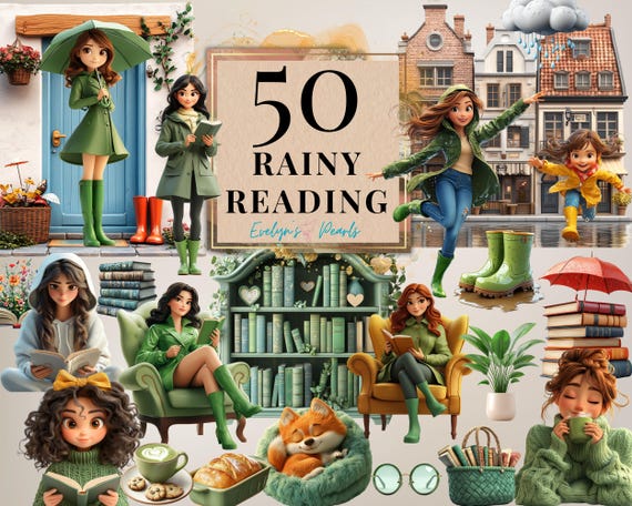 Rainy Reading Clipart Cozy Reading PNG Booklover Clipart Girls with Books, Rain Boots, Moody Spring Reading PNG | Commercial Use Clipart