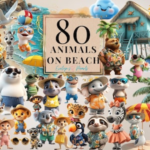 Könnte beinhalten: Eine digitale Illustration mit 80 Cartoon-Tieren am Strand. Die Tiere, darunter Bären und Zebras, tragen Strandkleidung. Der Text im Bild lautet "80 Animals on Beach".