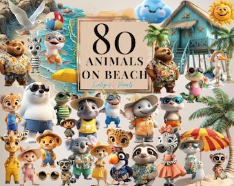 Beach Animals Clipart, Tropical Safari Zoo Animals on Vacation, Cute Summer Animals Illustrations for Kids Crafts | Commercial Use Clipart