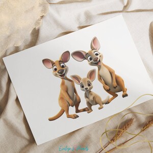 Pode incluir: Uma fam&iacute;lia de tr&ecirc;s cangurus de desenho animado. Os cangurus s&atilde;o marrons e t&ecirc;m orelhas grandes. A m&atilde;e canguru est&aacute; em p&eacute; sobre suas patas traseiras, enquanto o pai canguru est&aacute; sentado. O beb&ecirc; canguru est&aacute; em p&eacute; na frente de seus pais.