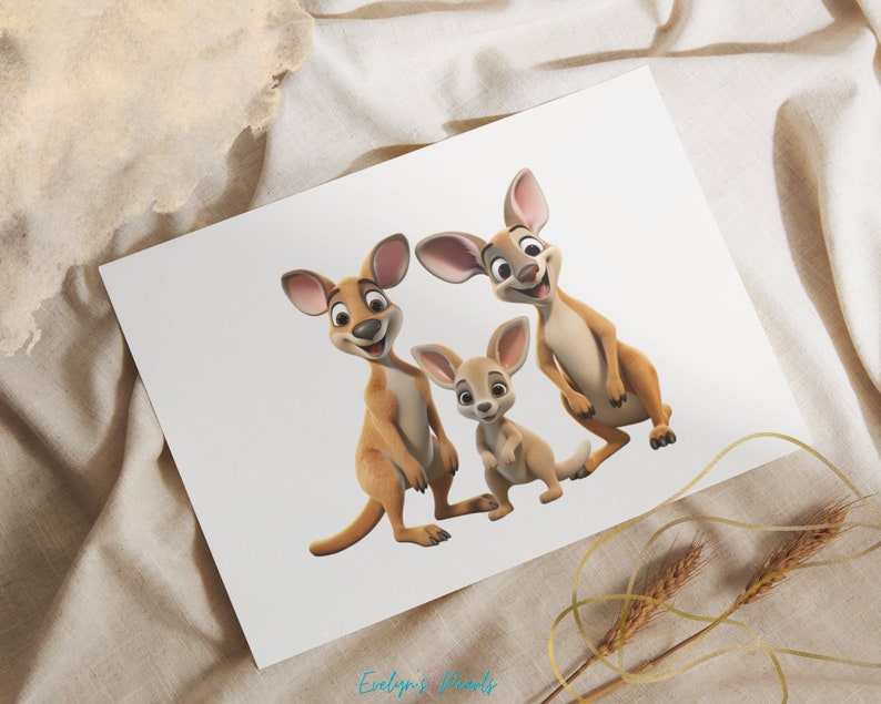 Pode incluir: Uma fam&iacute;lia de tr&ecirc;s cangurus de desenho animado. Os cangurus s&atilde;o marrons e t&ecirc;m orelhas grandes. A m&atilde;e canguru est&aacute; em p&eacute; sobre suas patas traseiras, enquanto o pai canguru est&aacute; sentado. O beb&ecirc; canguru est&aacute; em p&eacute; na frente de seus pais.