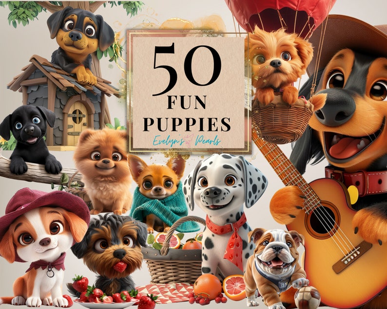 May include: A colorful illustration of 50 fun puppies in various poses and settings. The text "50 FUN PUPPIES" is displayed in a brown rectangle with a floral design. The image includes a hot air balloon, a guitar, a basket of fruit, and a small wooden house.