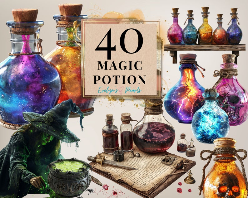 Puede incluir: Conjunto de 40 im&aacute;genes digitales de pociones m&aacute;gicas, que incluye varios frascos de vidrio con l&iacute;quidos coloridos y dise&ntilde;os de calaveras. Los frascos est&aacute;n dispuestos en un estante, una mesa y en las manos de una bruja. El texto "40 Magic Potion" se muestra en un rect&aacute;ngulo marr&oacute;n.