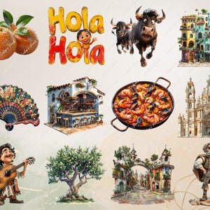 May include: A colorful illustration of various Spanish-themed elements, including a traditional fan, a paella dish, a bull, a building with a bar, a girl with a guitar, a tree, a church, and a cityscape. The text "Hola Hola" is featured in the image.