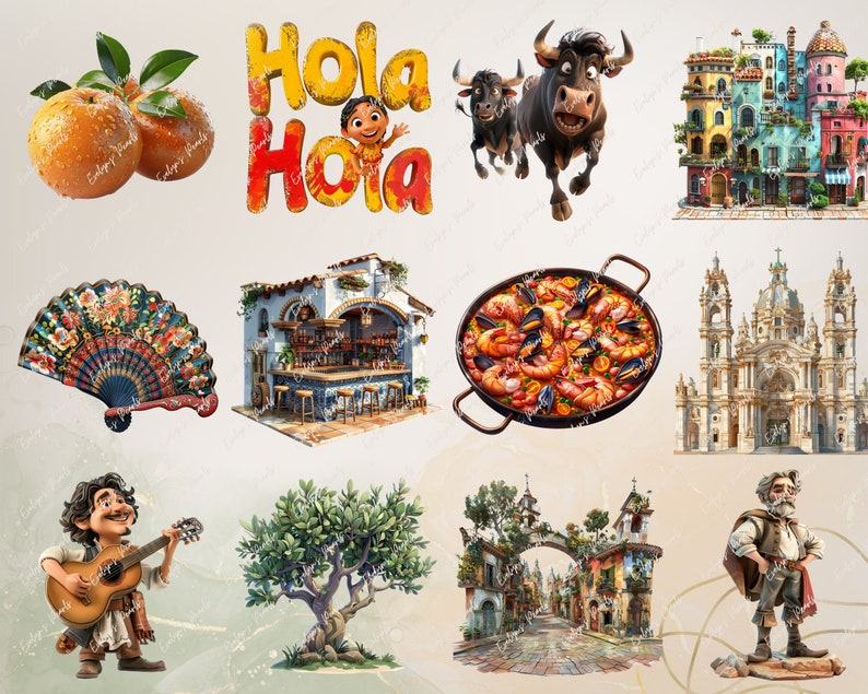 May include: A colorful illustration of various Spanish-themed elements, including a traditional fan, a paella dish, a bull, a building with a bar, a girl with a guitar, a tree, a church, and a cityscape. The text "Hola Hola" is featured in the image.