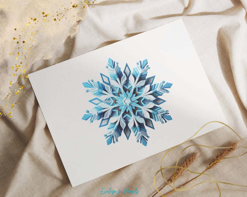 Op de afbeelding: Een blauwe en witte papieren sneeuwvlok met een 3D-effect. De sneeuwvlok is op een witte achtergrond.