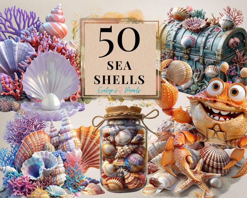 Pu&ograve; includere: Una collezione di 50 conchiglie marine di varie forme, dimensioni e colori. Le conchiglie sono disposte in un'esposizione decorativa con un granchio, una stella marina e corallo. Il testo "50 Sea Shells" &egrave; visualizzato su uno sfondo marrone.