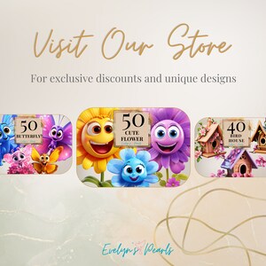 Pu&ograve; includere: Un'illustrazione digitale di cinque diversi design per motivi di ricamo. I design includono una farfalla, un fiore, una casetta per uccelli e altri due design. I design sono tutti colorati e fantasiosi. Il testo sulle immagini recita "50 Butterfly", "50 Cute Flower", "40 Bird House" e "Evelyn's Pearls".