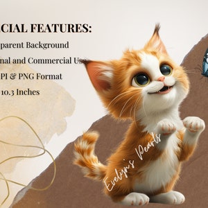 May include: A cartoon orange and white cat with blue eyes looks up at a blue butterfly. The cat is standing on its hind legs with its front paws raised. The background is a brown and beige watercolor wash.